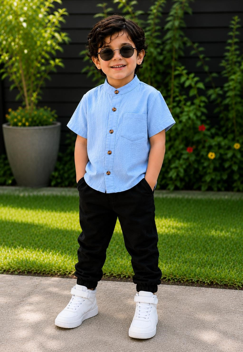 StormCloth Boys Light Blue Mandarin Collar Shirt & Black Jogger Pants Co-Ord Set