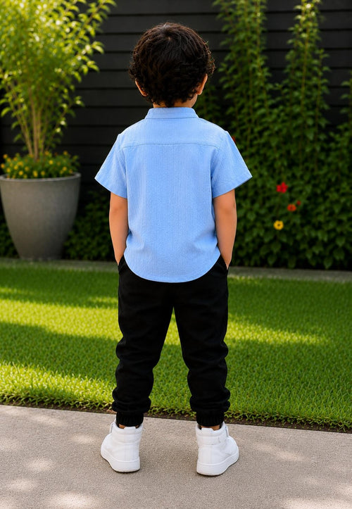 StormCloth Boys Light Blue Mandarin Collar Shirt & Black Jogger Pants Co-Ord Set