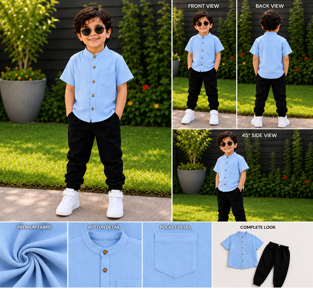 StormCloth Boys Light Blue Mandarin Collar Shirt & Black Jogger Pants Co-Ord Set